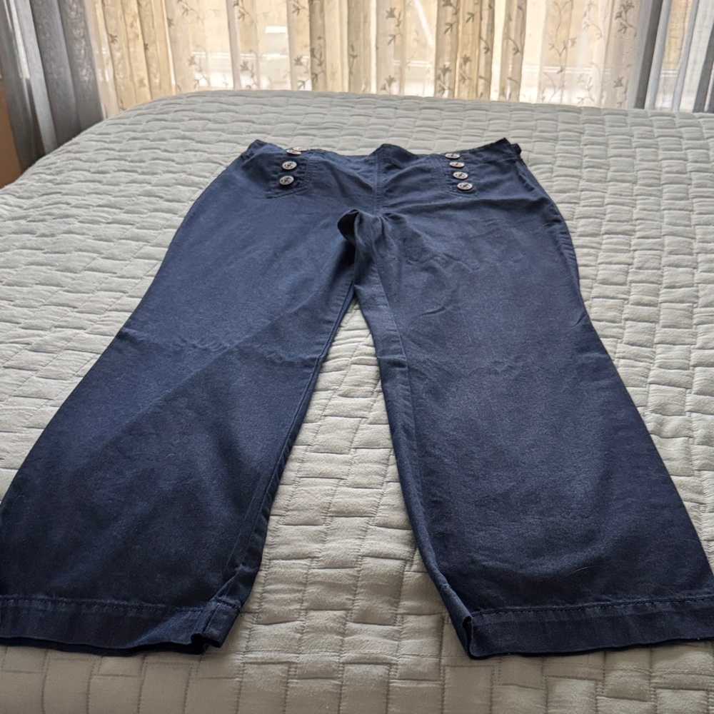 Talbots Dark Blue Denim Trousers.  Sailor style with buttons and side zip.